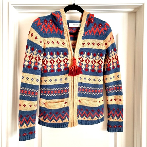 Anthropologie Sparrow Fair Isle Aztec Hooded Zip Wool Cardigan Cloud 9 Kayla - Picture 5 of 14